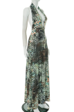 Gray Green Sexy Print Backless Slit Halter Long Dresses