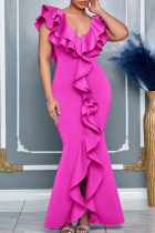 Rose Red Elegant Solid Color Slit Flounce V Neck Evening Dresses