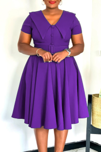 Purple Elegant Solid Color Buckle With Belt Peter Pan Collar A Line Dresses