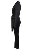 Black Casual Solid Color Strap Design Turn-back Collar Long Sleeve Two Pieces