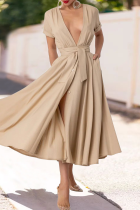 Apricot Elegant Solid Color Strap Design Deep V Neck Long Dresses