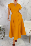 Yellow Elegant Solid Color Pocket Buttons V Neck A Line Dresses