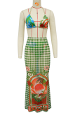 Green Sexy Print Backless 3 Piece Sets