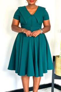Green Elegant Solid Color Buckle With Belt Peter Pan Collar A Line Dresses