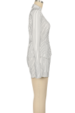 Blue Sexy Stripe Cross Straps Turndown Collar Long Sleeve Two Pieces
