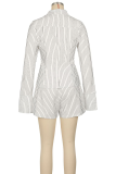 Blue Sexy Stripe Cross Straps Turndown Collar Long Sleeve Two Pieces