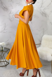Yellow Elegant Solid Color Pocket Buttons V Neck A Line Dresses