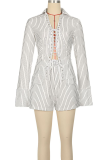 Blue Sexy Stripe Cross Straps Turndown Collar Long Sleeve Two Pieces