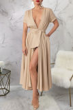 Black Elegant Solid Color Strap Design Deep V Neck Long Dresses