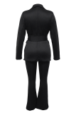 Black Casual Solid Color Strap Design Turn-back Collar Long Sleeve Two Pieces