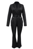 Black Casual Solid Color Strap Design Turn-back Collar Long Sleeve Two Pieces