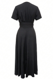 Black Elegant Solid Color Strap Design Deep V Neck Long Dresses