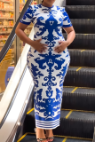 Blue Casual Print Patchwork O Neck Long Dresses