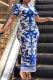 Blue Casual Print Patchwork O Neck Long Dresses