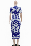 Blue Casual Print Patchwork O Neck Long Dresses