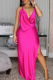 Rose Red Sexy Solid Color High Slit Halter Long Dresses