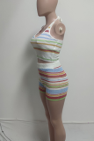 White Sexy Stripe Backless Halter Sleeveless Two Pieces