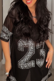 White Casual Digital Slit Hot Drill V Neck T-Shirts