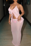 Pink Sexy Solid Color See-Through Flounce Halter Sleeveless Two Pieces