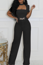 Black Casual Solid Color Hollow Out O Neck Regular Jumpsuits