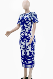 Blue Casual Print Patchwork O Neck Long Dresses