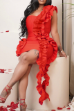 Red Sexy Solid Color Stringy Selvedge Strapless Wrapped Skirt Dresses