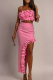 Pink Sexy Solid Color High Slit Flounce Spaghetti Strap Sleeveless Two Pieces