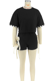 Purple Casual Solid Color Cross Straps O Neck Half Sleeve Two Pieces