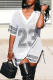 White Casual Digital Slit Hot Drill V Neck T-Shirts