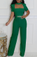 Green Casual Solid Color Hollow Out O Neck Regular Jumpsuits
