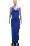 Royal Blue Sexy Solid Color High Slit Halter Long Dresses