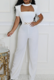 White Casual Solid Color Hollow Out O Neck Regular Jumpsuits