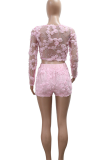 Pink Sexy Solid Color See-Through Embroidery O Neck Long Sleeve Two Pieces