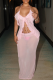 Pink Sexy Solid Color See-Through Flounce Halter Sleeveless Two Pieces
