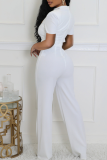 White Casual Solid Color Hollow Out O Neck Regular Jumpsuits