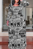 Black And White Casual Print O Neck Long Plus Size Dresses