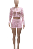 Pink Sexy Solid Color See-Through Embroidery O Neck Long Sleeve Two Pieces