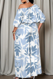 Baby Blue Casual Print Patchwork Oblique Collar Long Sleeve Two Pieces