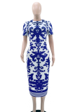 Blue Casual Print Patchwork O Neck Long Dresses