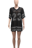 White Casual Digital Slit Hot Drill V Neck T-Shirts