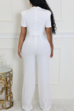White Casual Solid Color Hollow Out O Neck Regular Jumpsuits