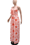 Red Casual Print Strap Design V Neck Loose Jumpsuits