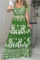 Green Casual Print Patchwork Asymmetrical Collar Short Sleeve Two Pieces