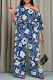 Blue Casual Print Patchwork Oblique Collar Long Sleeve Two Pieces