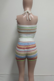 White Sexy Stripe Backless Halter Sleeveless Two Pieces