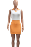 Blue Sexy Solid Color Contrast Turndown Collar Wrapped Skirt Dresses