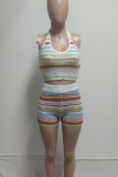 White Sexy Stripe Backless Halter Sleeveless Two Pieces