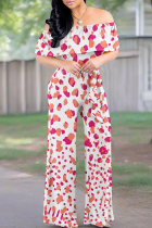 White Casual Print Patchwork Off Shoulder Regular Jumpsuits