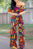 Multi-color Casual Print Patchwork Off Shoulder Regular Jumpsuits