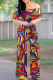 Multi-color Casual Print Patchwork Off Shoulder Regular Jumpsuits